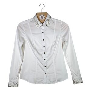 Cache White Studded Collar Button Down Blouse Small Gold Buttons